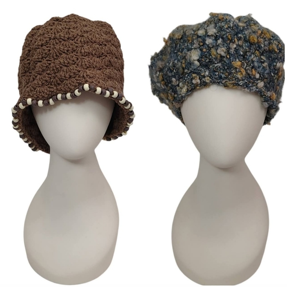 Vintage 80s Brown Crochet Beaded Beanie and Blue Nubby Knitted Beanie Hats 2